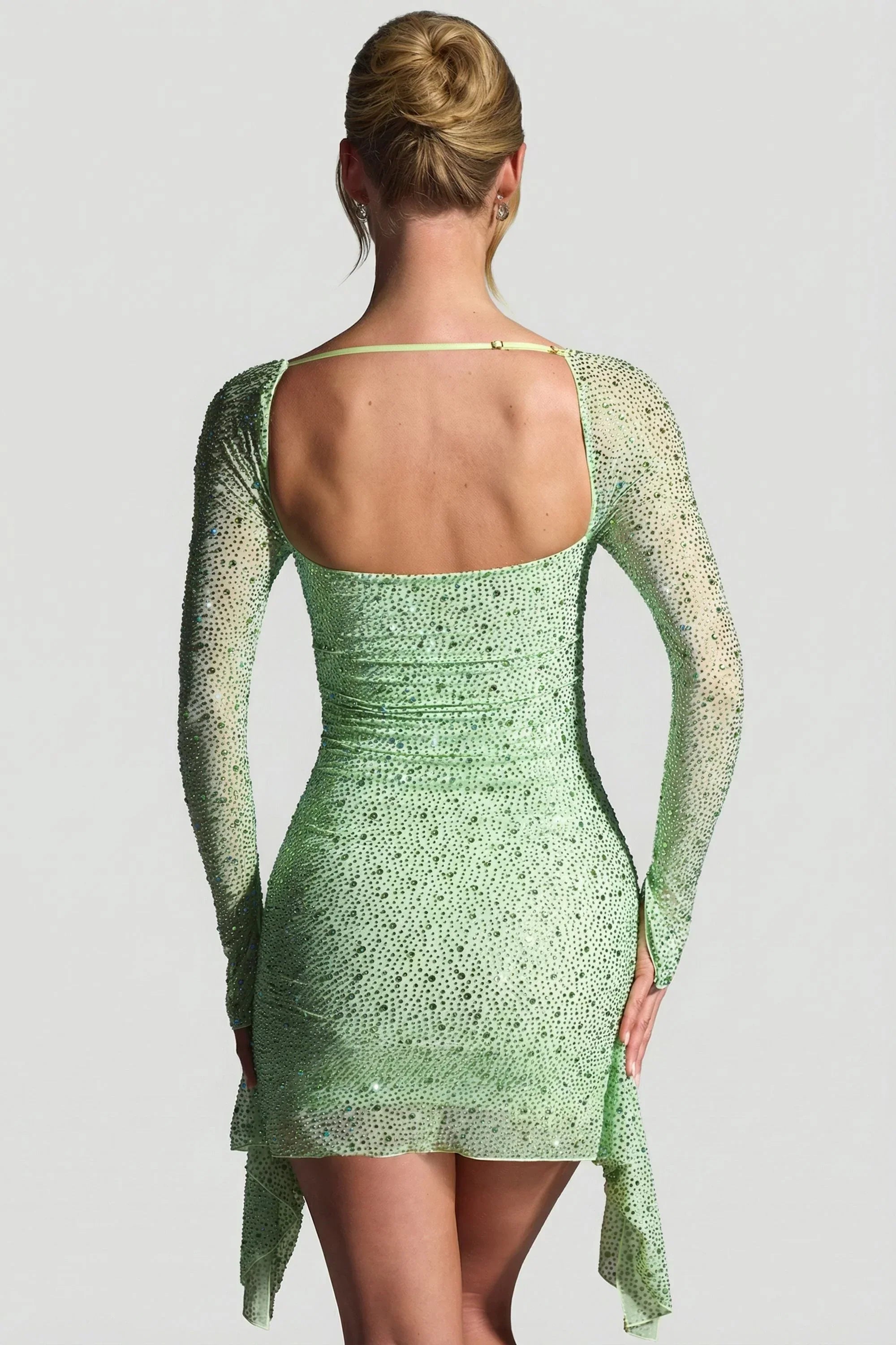 Embellished Draped Cowl Neck Mini Dress in Pistachio