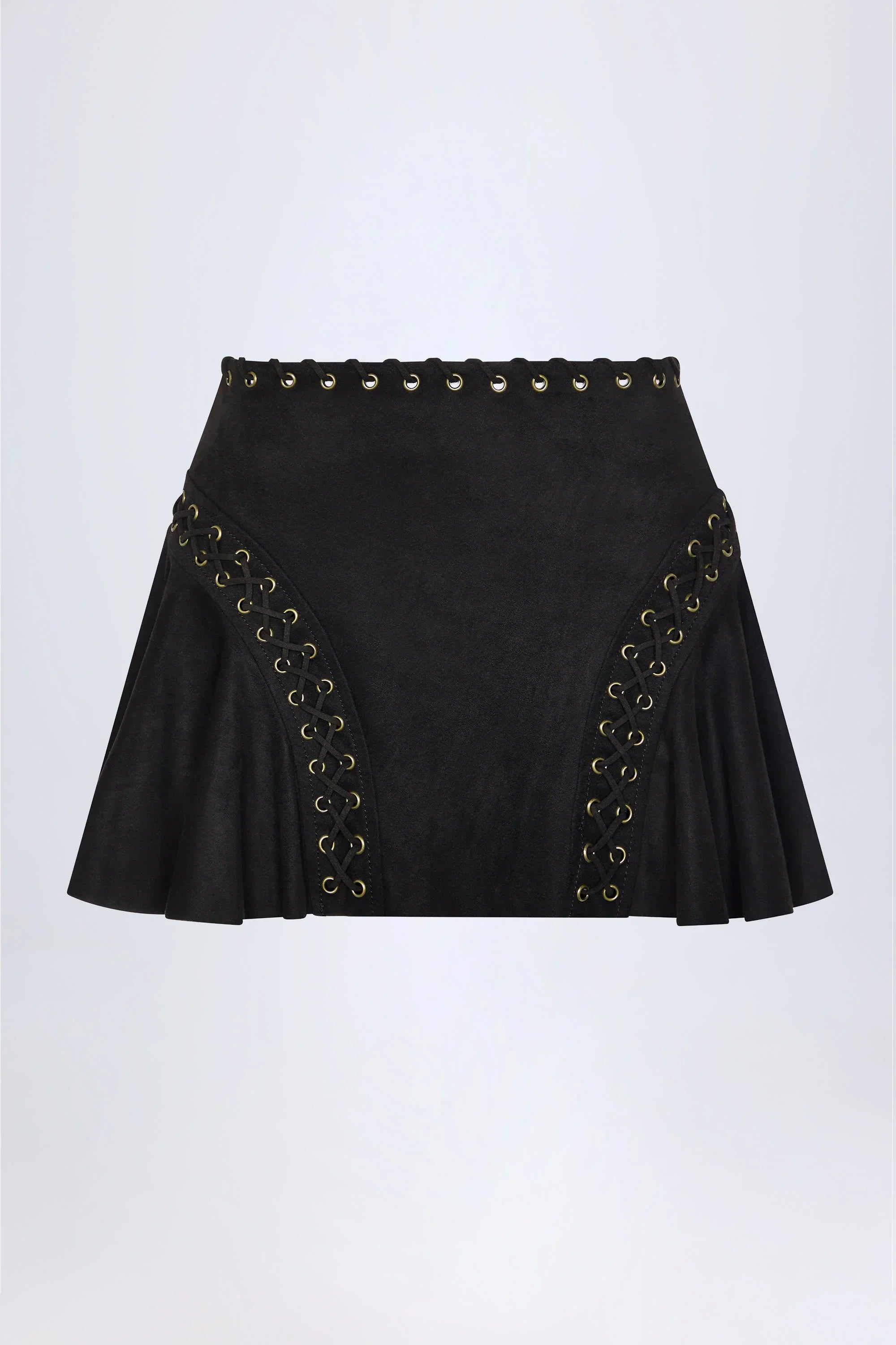 Lace Up Mid Rise Mini Skirt in Black