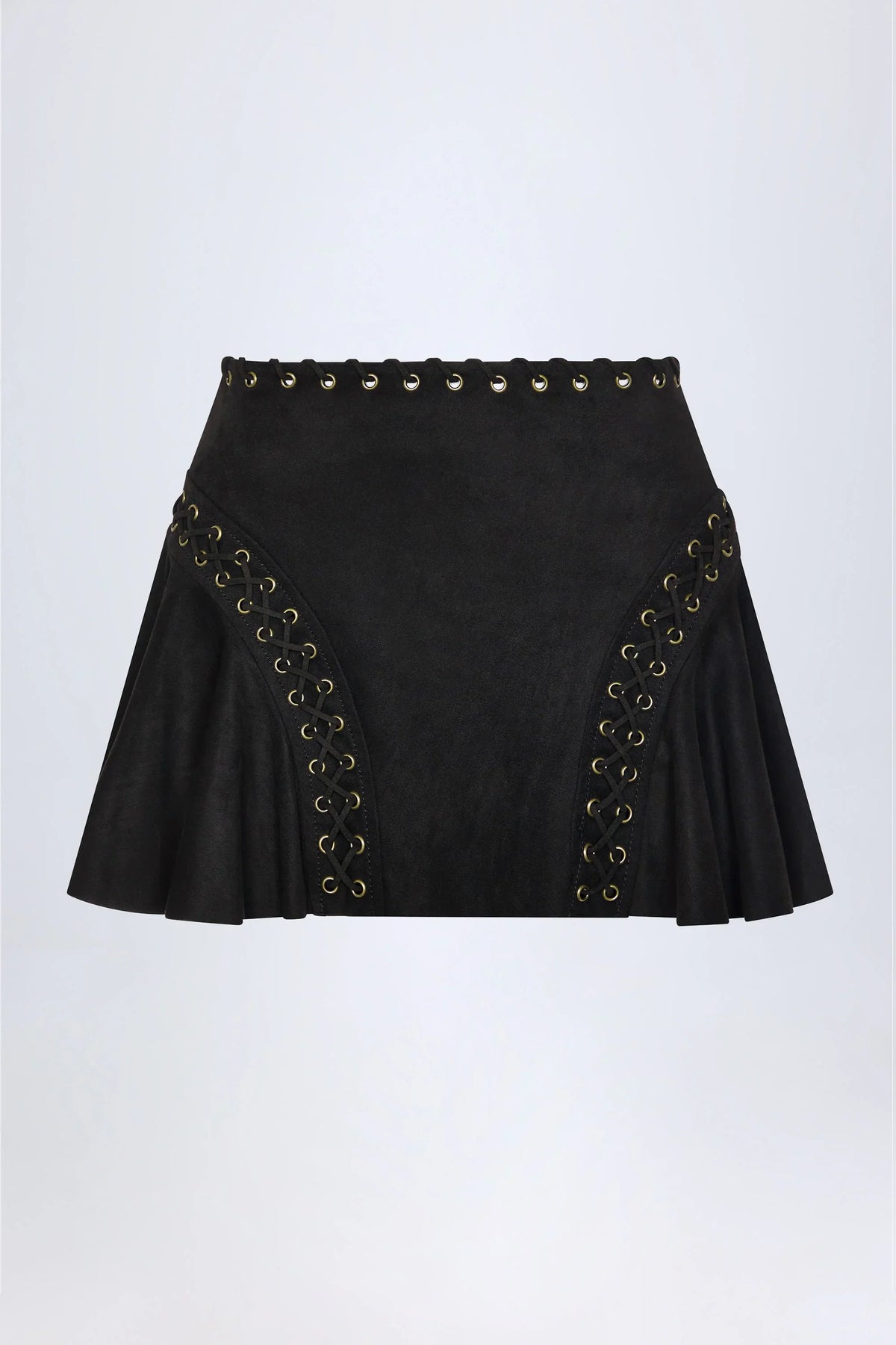 Lace Up Mid Rise Mini Skirt in Black