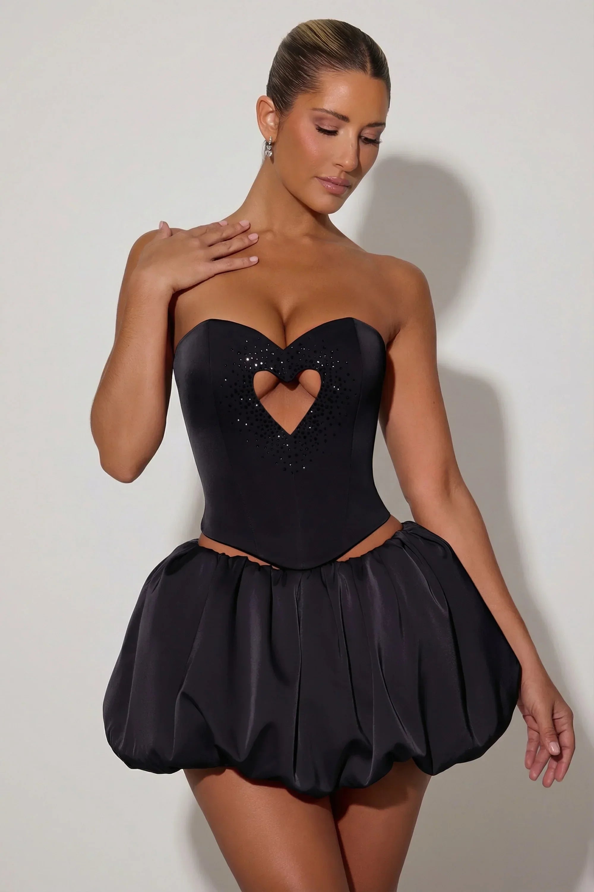 Embellished Heart Cut Out Strapless Corset Top in Black