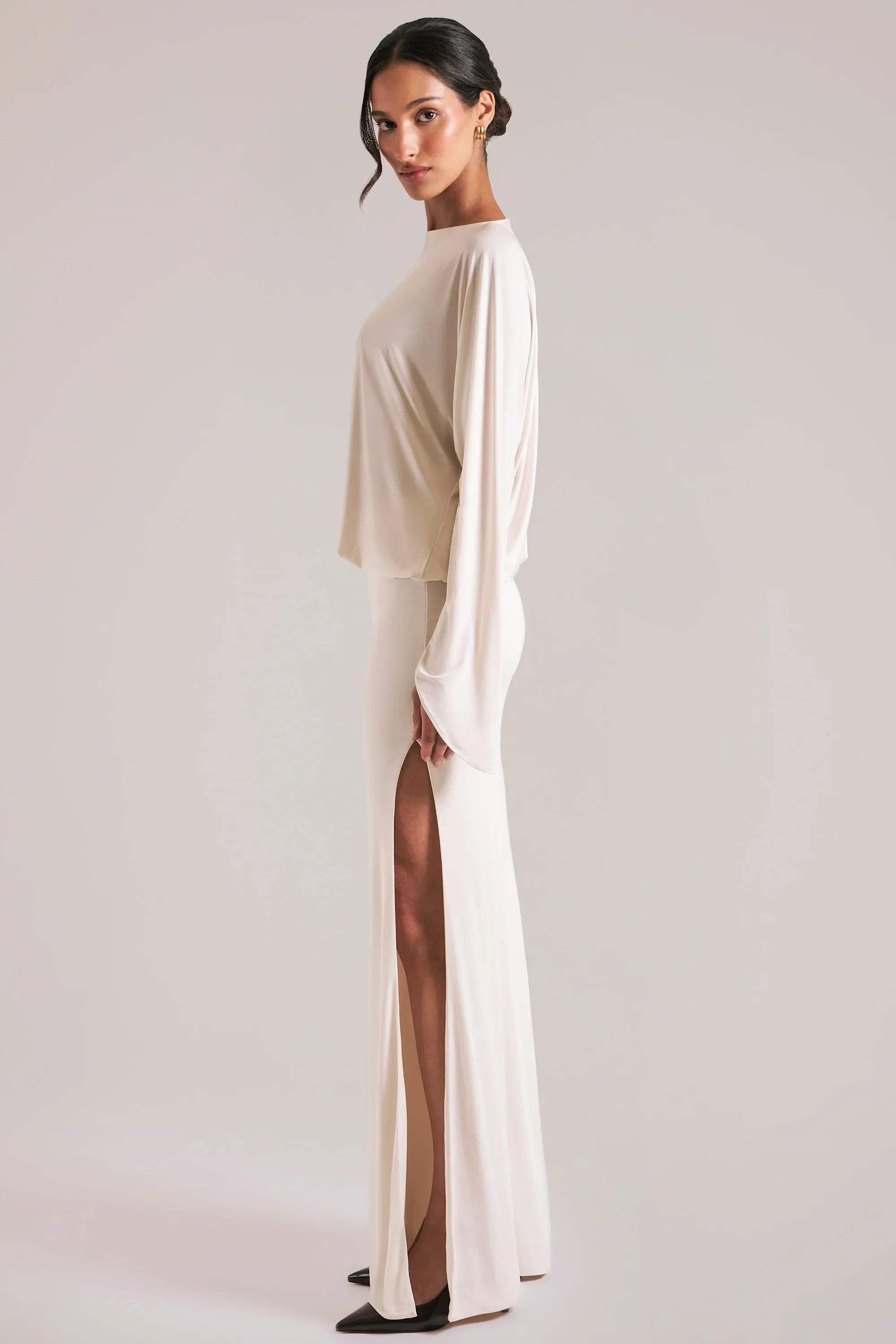 Long Sleeve Draped Maxi Dress in Vanilla