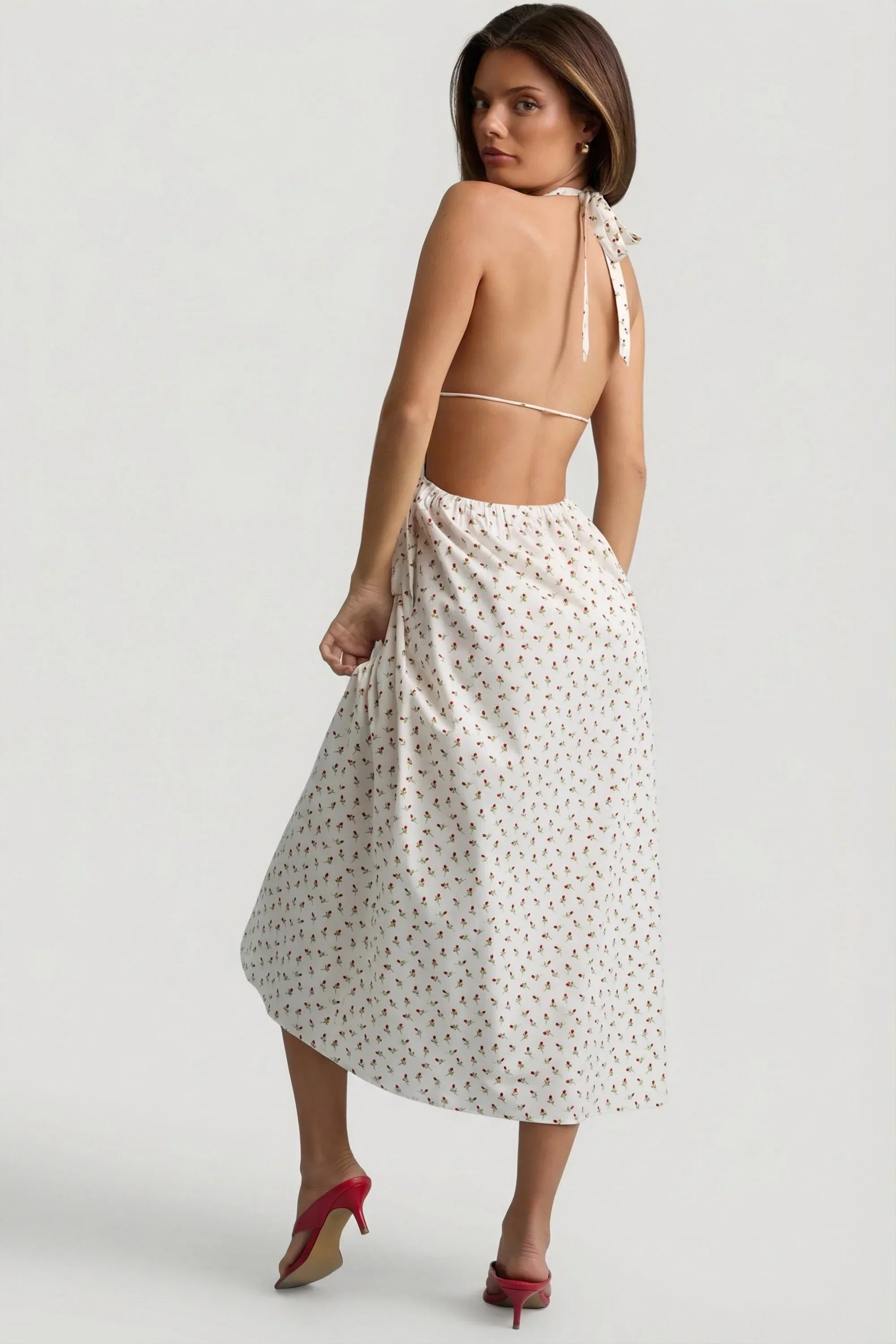 Backless Cotton Poplin Midaxi Dress in Rose Print