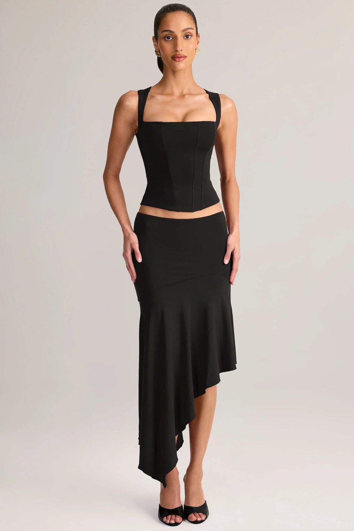 Modal Low Rise Asymmetric Midaxi Skirt in Black