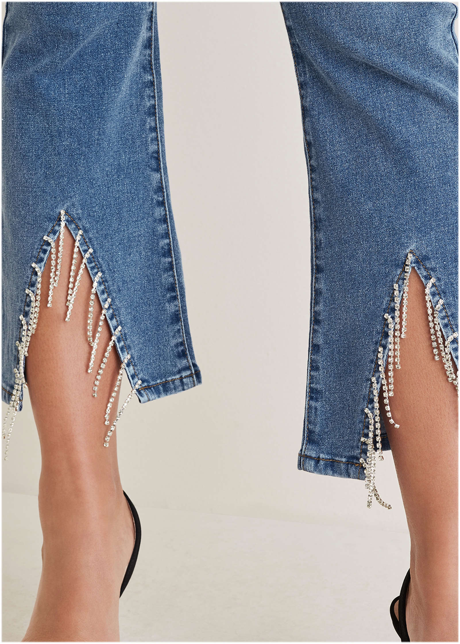 Rhinestone Kick Flare Jeans Medium Wash