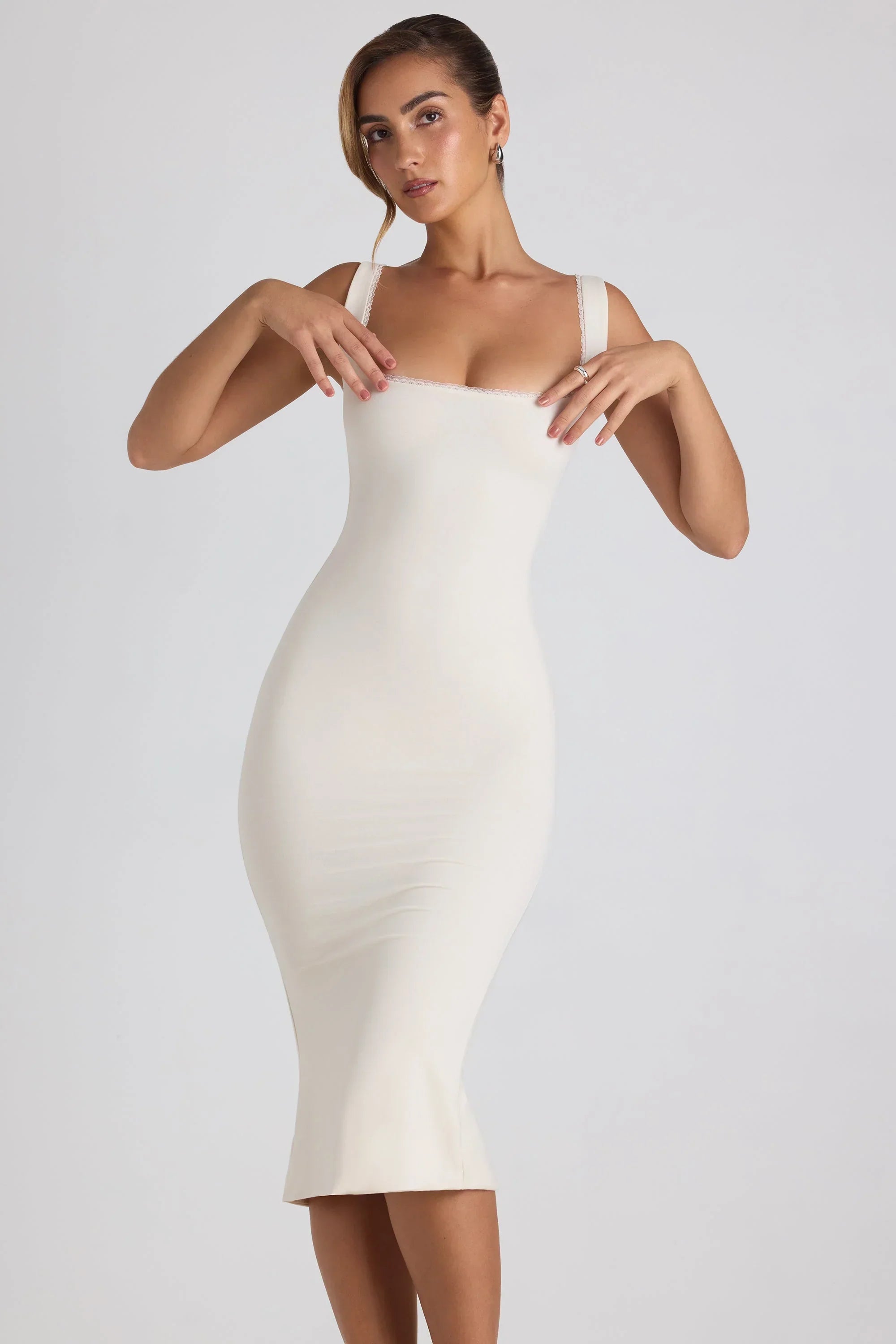 Modal Lace Trim Midaxi Dress in Ivory