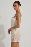 Semi Sheer Embellished Draped Corset Mini Dress in White