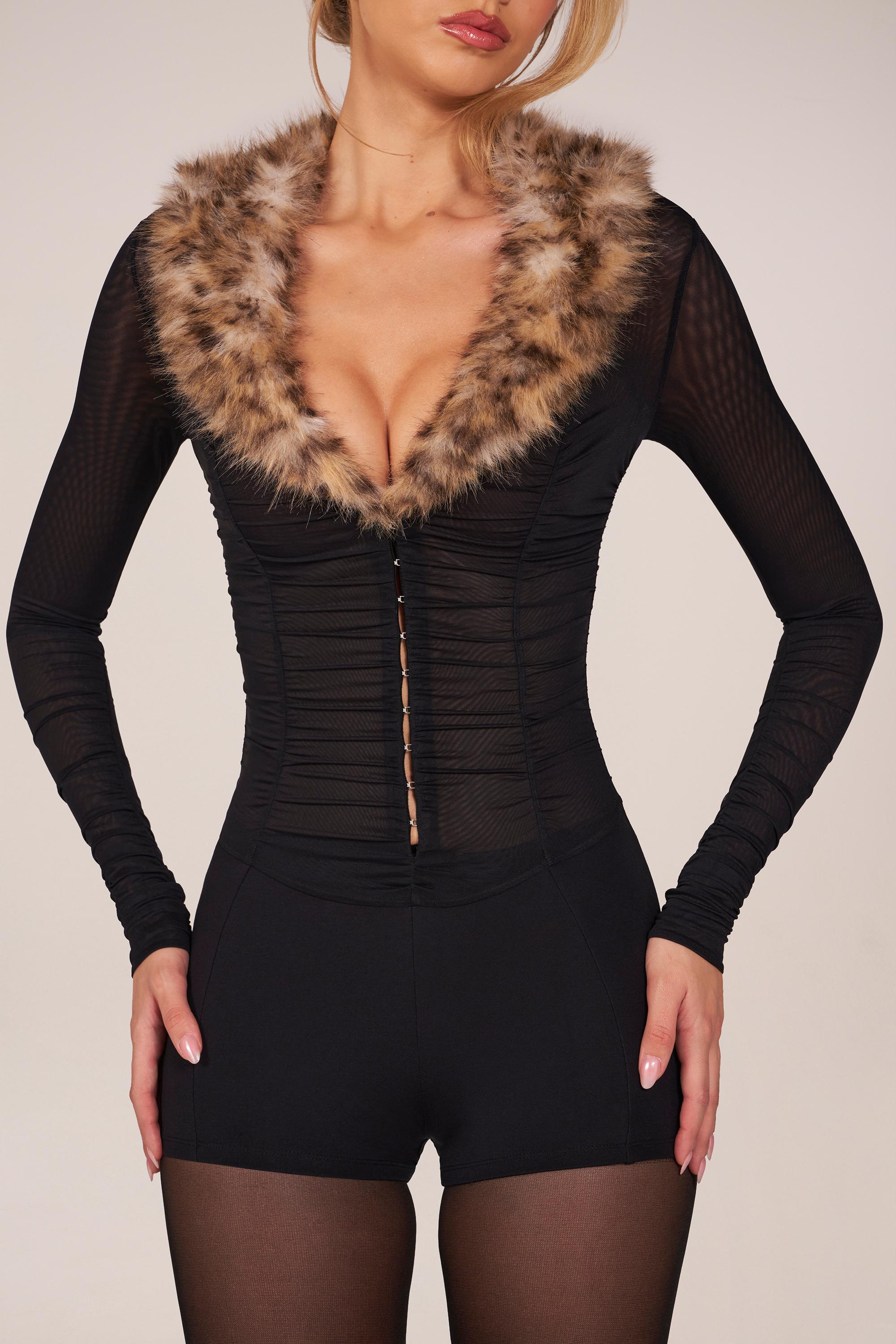 Faux Fur Trim Playsuit in Black