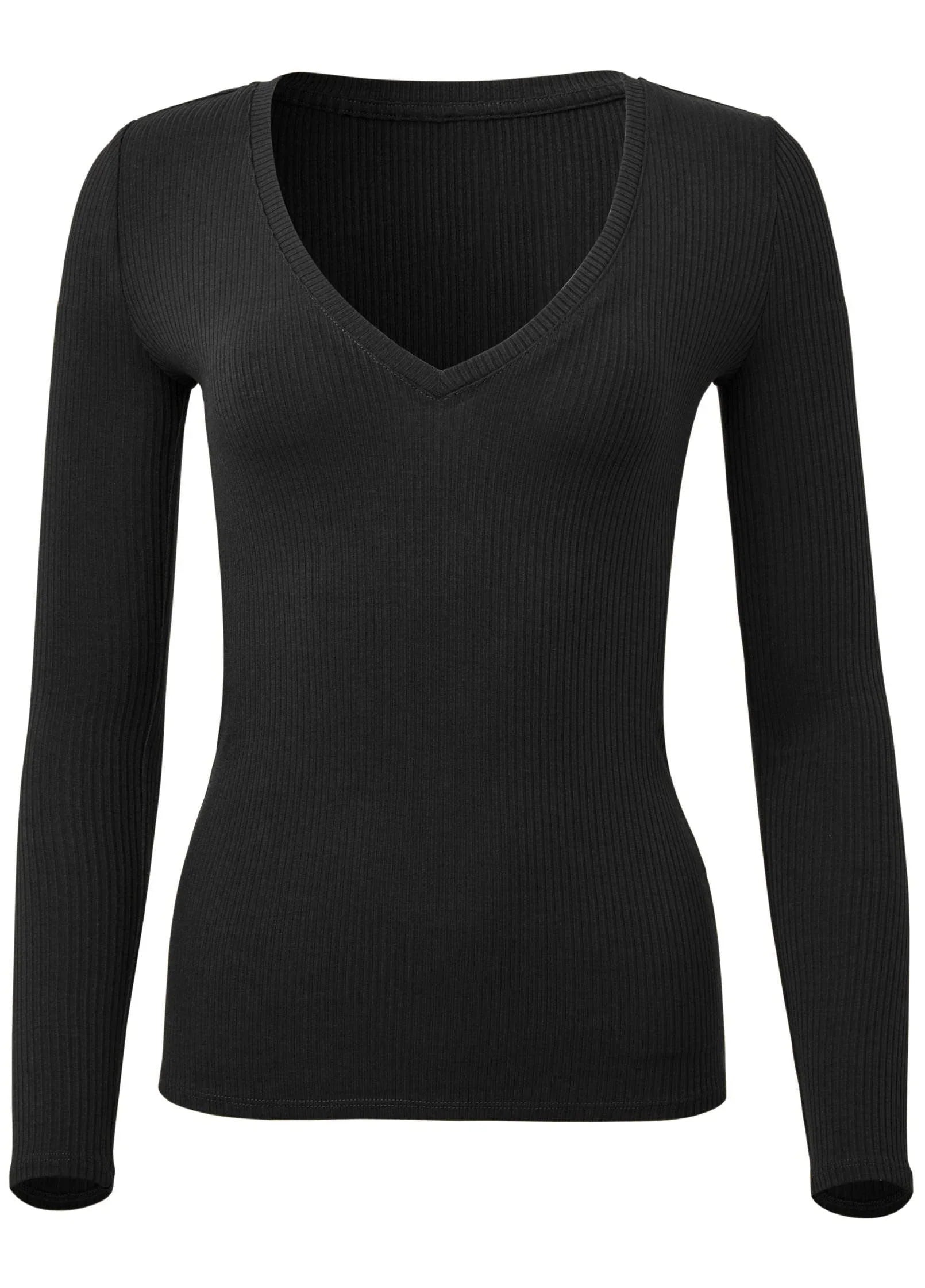 Ribbed Long Sleeve V Neck Black