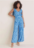 Tie Strap Wide Leg Jumpsuit Blue Allover Spring Paisley