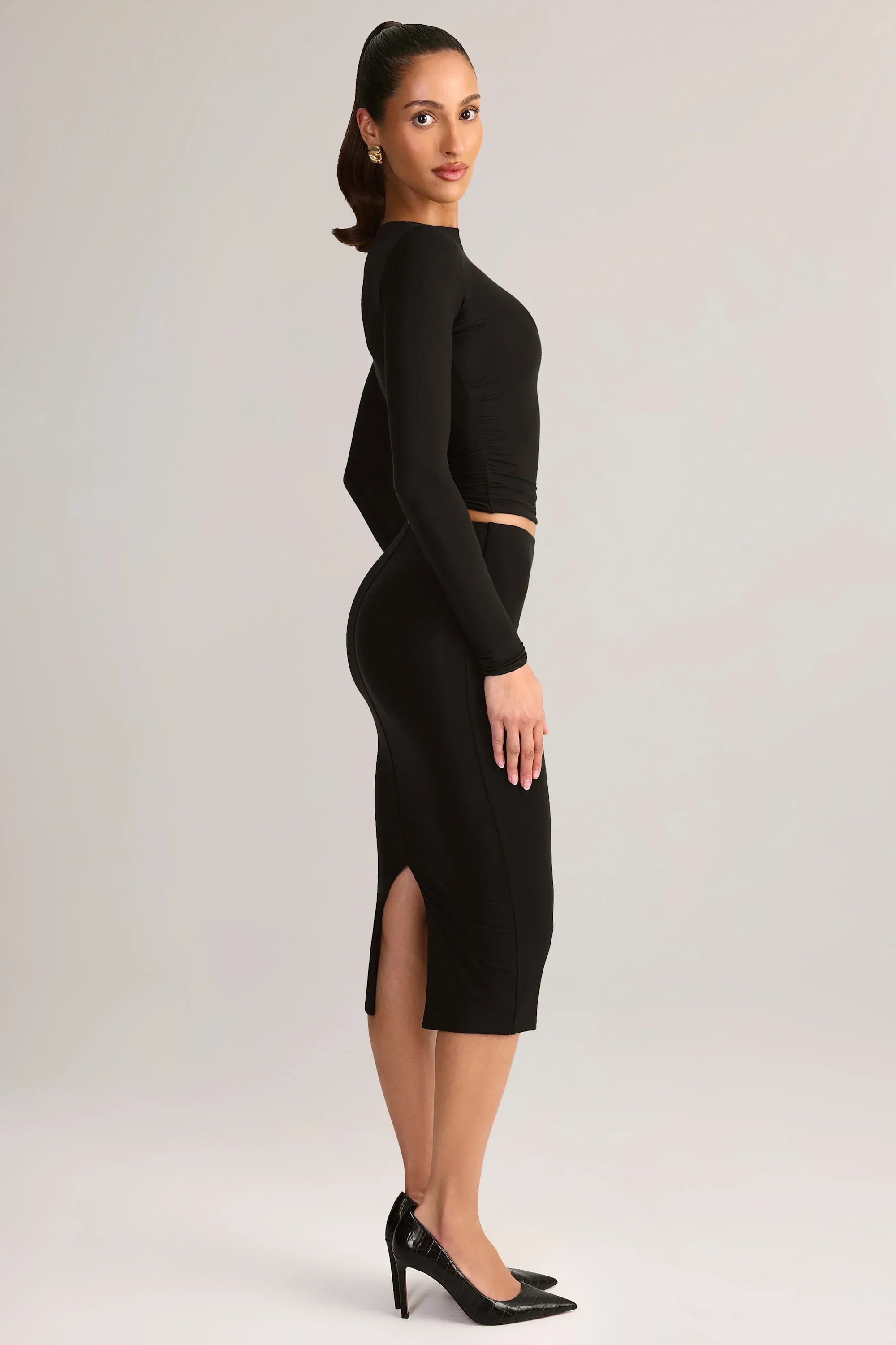 Modal Mid Rise Pencil Midi Skirt in Black