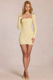 Scalloped Lace Long Sleeve Mini Dress in Lemon Yellow