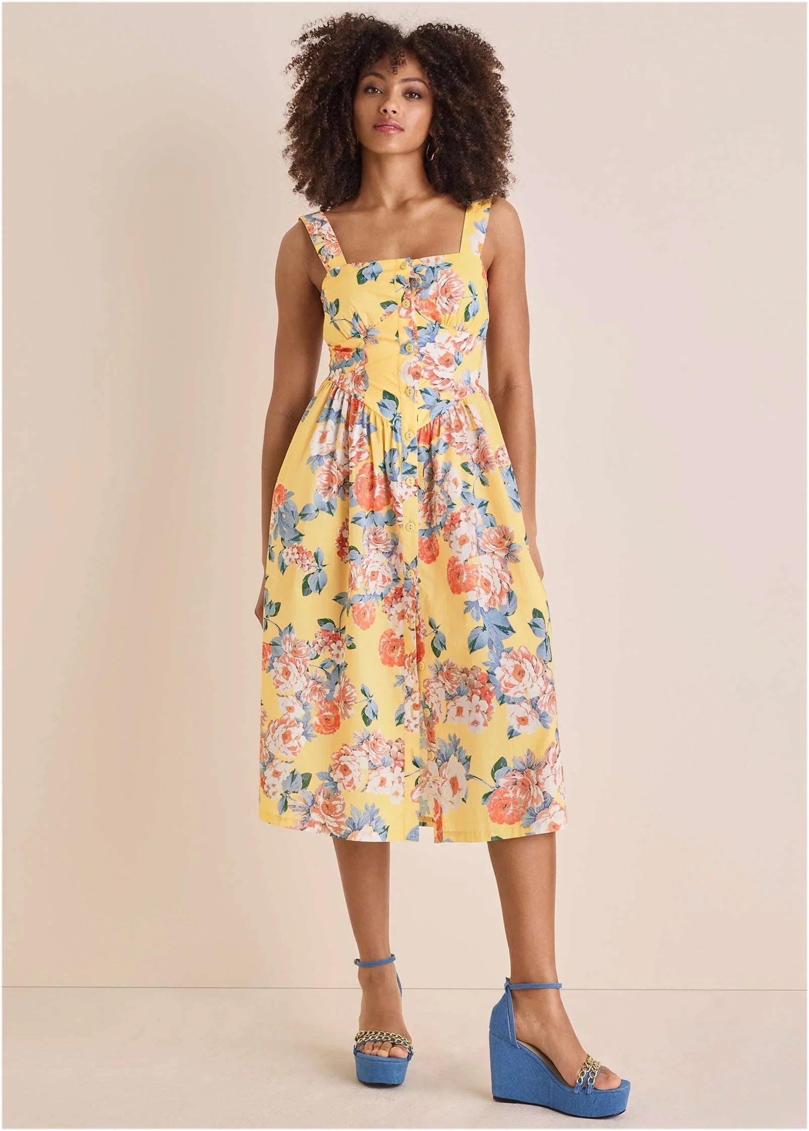 Floral Poplin Midi Dress Custard Roses