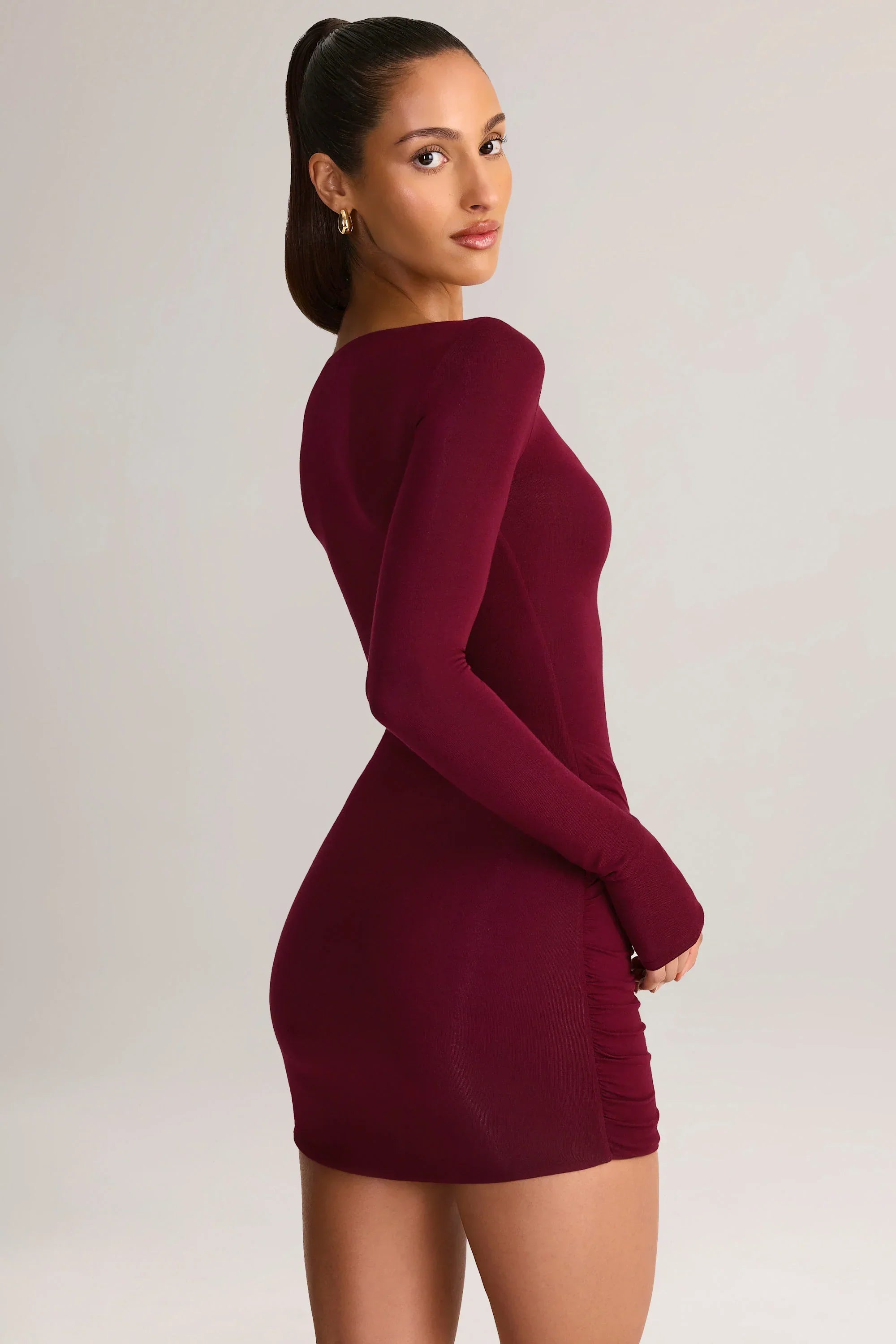 Modal Boat Neck Draped Long Sleeve Mini Dress in Wine