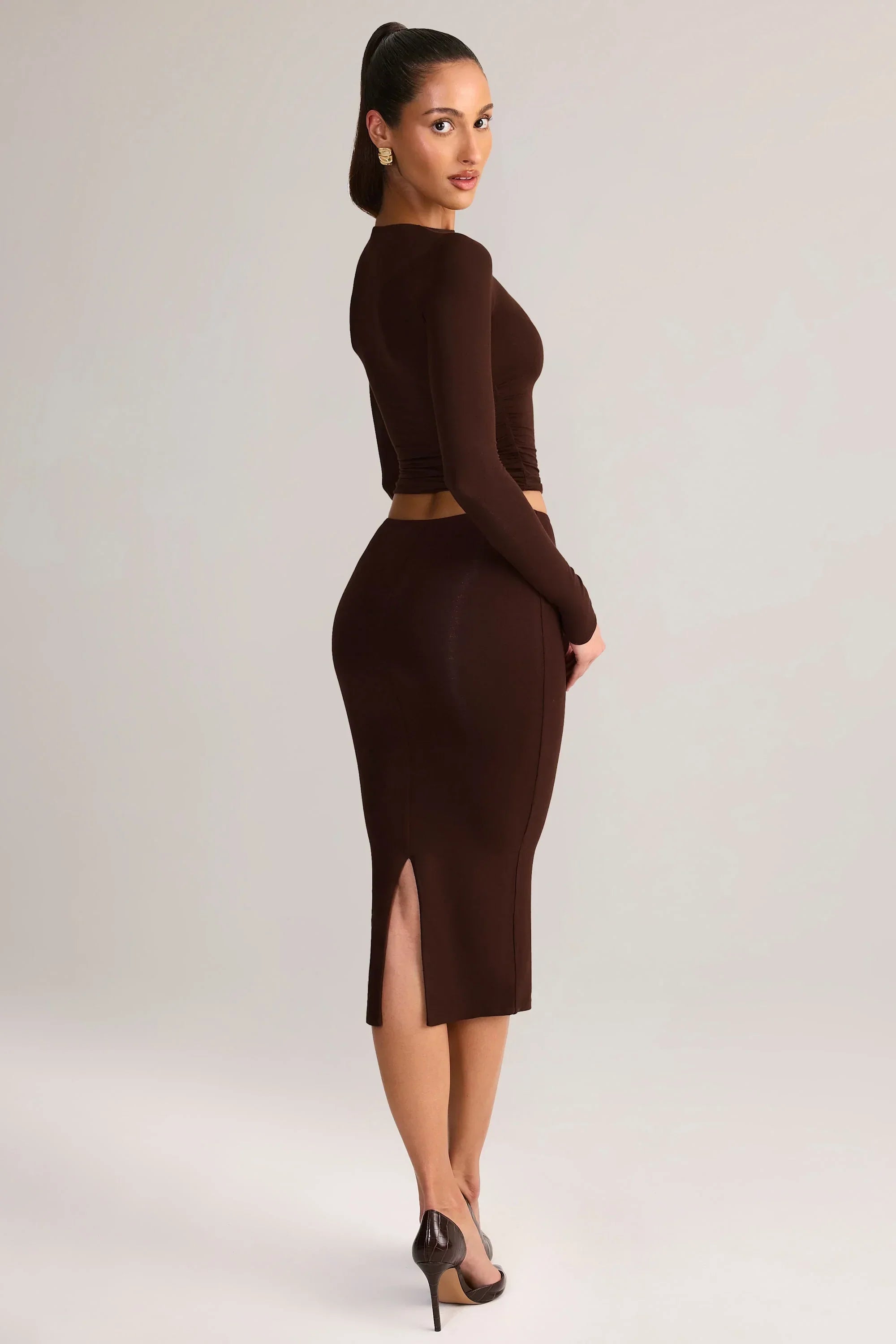 Modal Mid Rise Pencil Midi Skirt in Chocolate Brown
