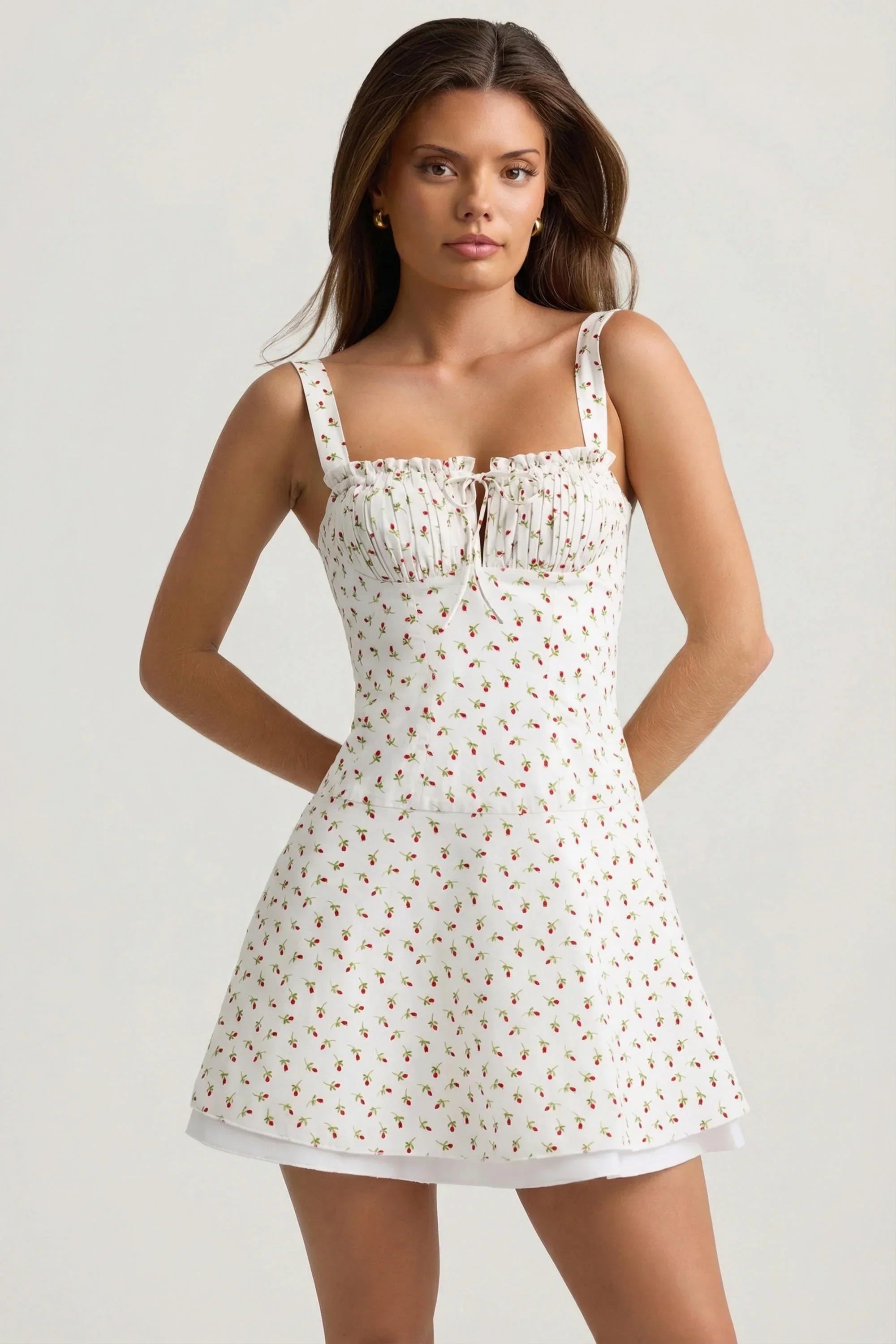 Lace Up Cotton Poplin Mini Dress in Rose Print