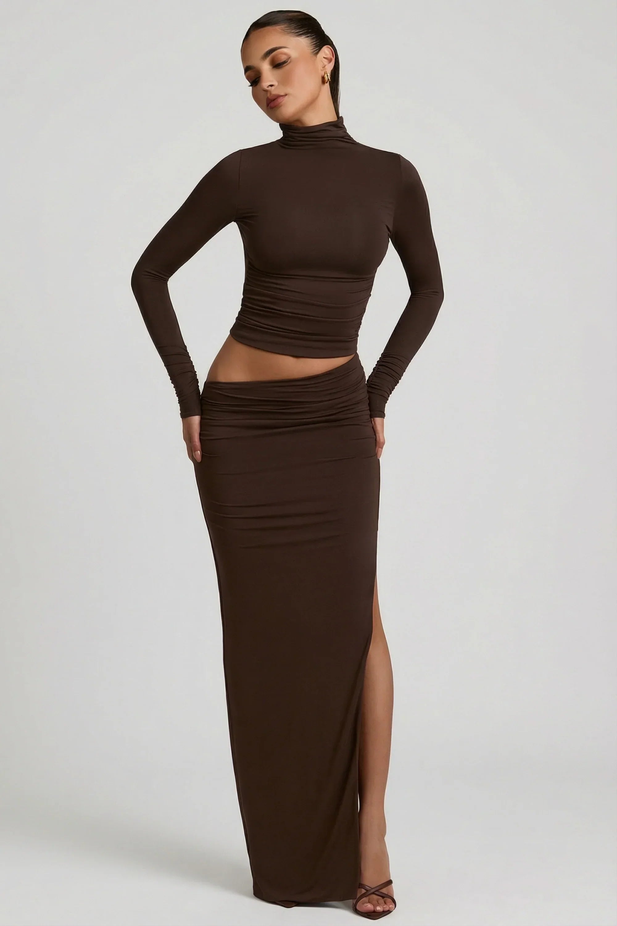 Modal Asymmetric Waist Maxi Skirt in Chocolate Brown