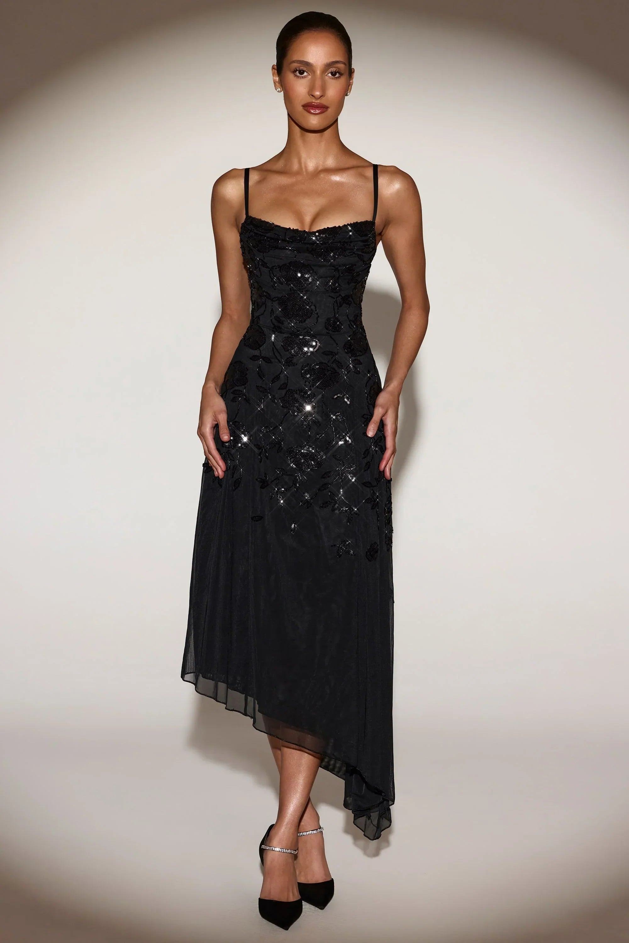 Embellished Soft Scoop Asymmetric Midaxi Dress in Black