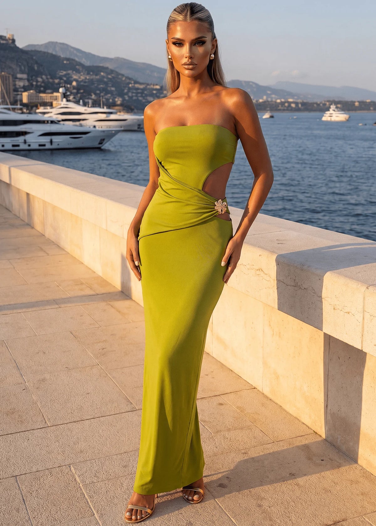 Iconic Heat Strapless Cut Out Maxi Dress Lime Green