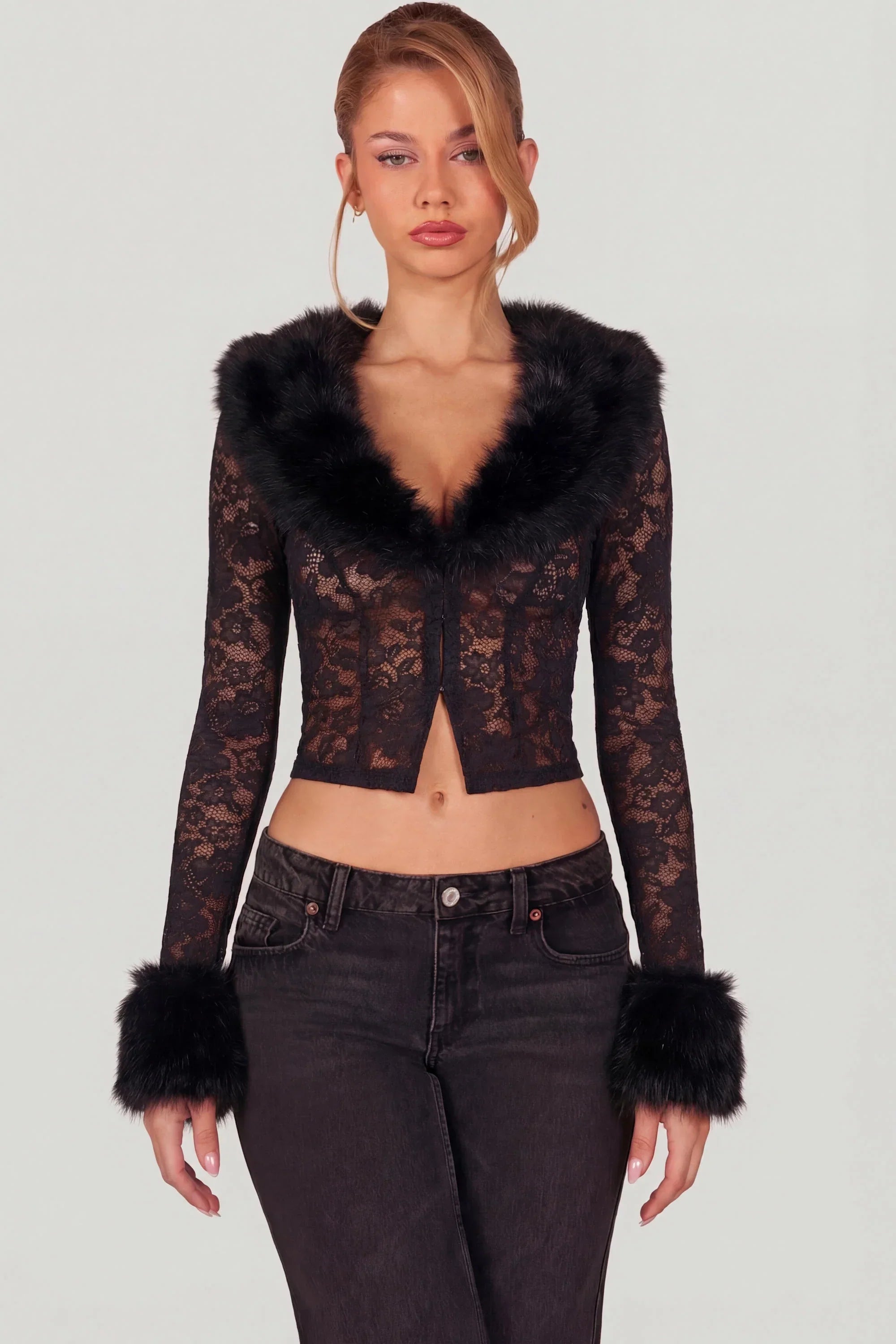 Sheer Lace Faux Fur Trim Cardigan in Black