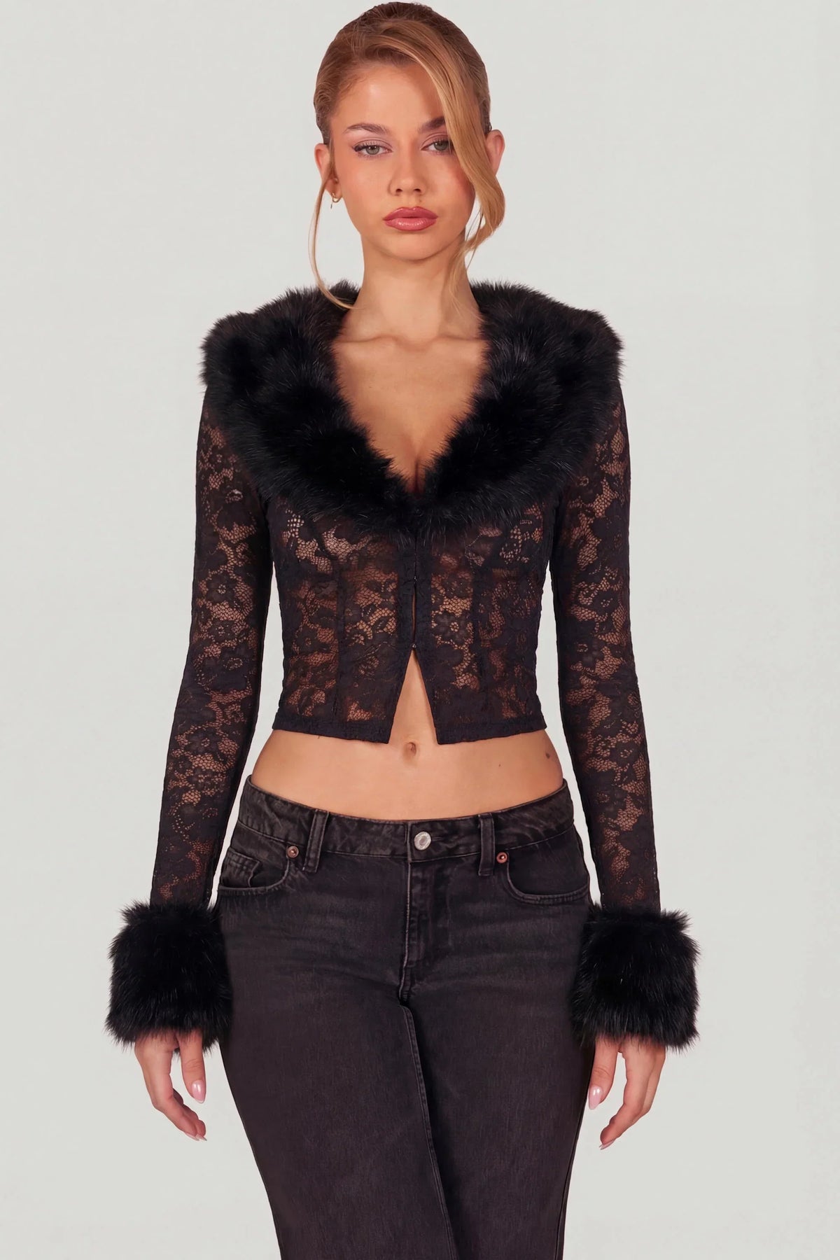 Sheer Lace Faux Fur Trim Cardigan in Black