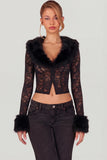 Sheer Lace Faux Fur Trim Cardigan in Black