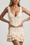 Layered Ruffled Low Rise Mini Skirt in Ivory