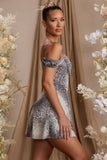 Draped Neck A Line Mini Dress in Grey Print