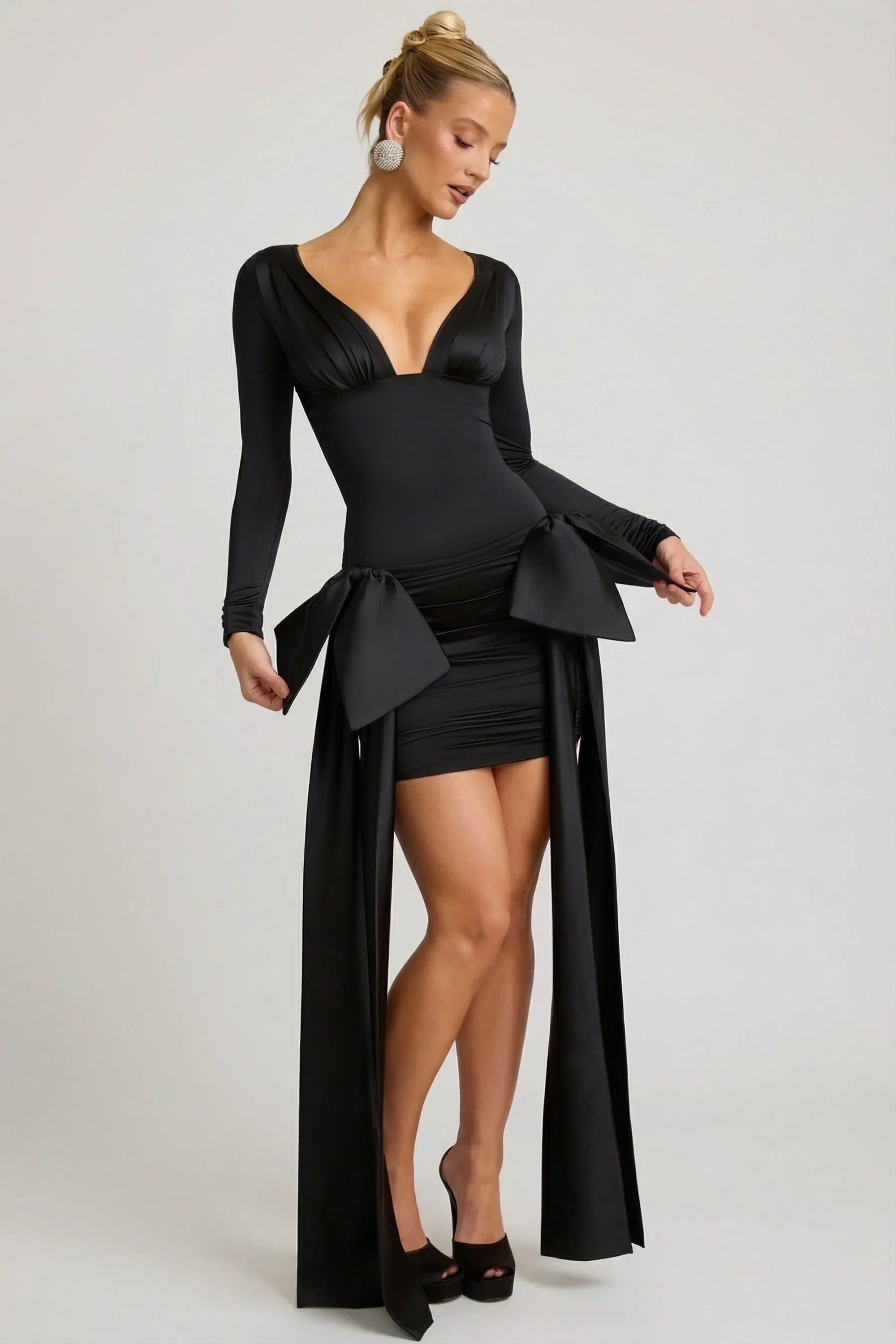 Bow Detail Ruched Mini Dress in Black