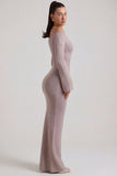 Ribbed Knit Off Shoulder Maxi Dress in Taupe