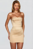 Satin Scalloped Bandeau Ruched Mini Dress in Champagne