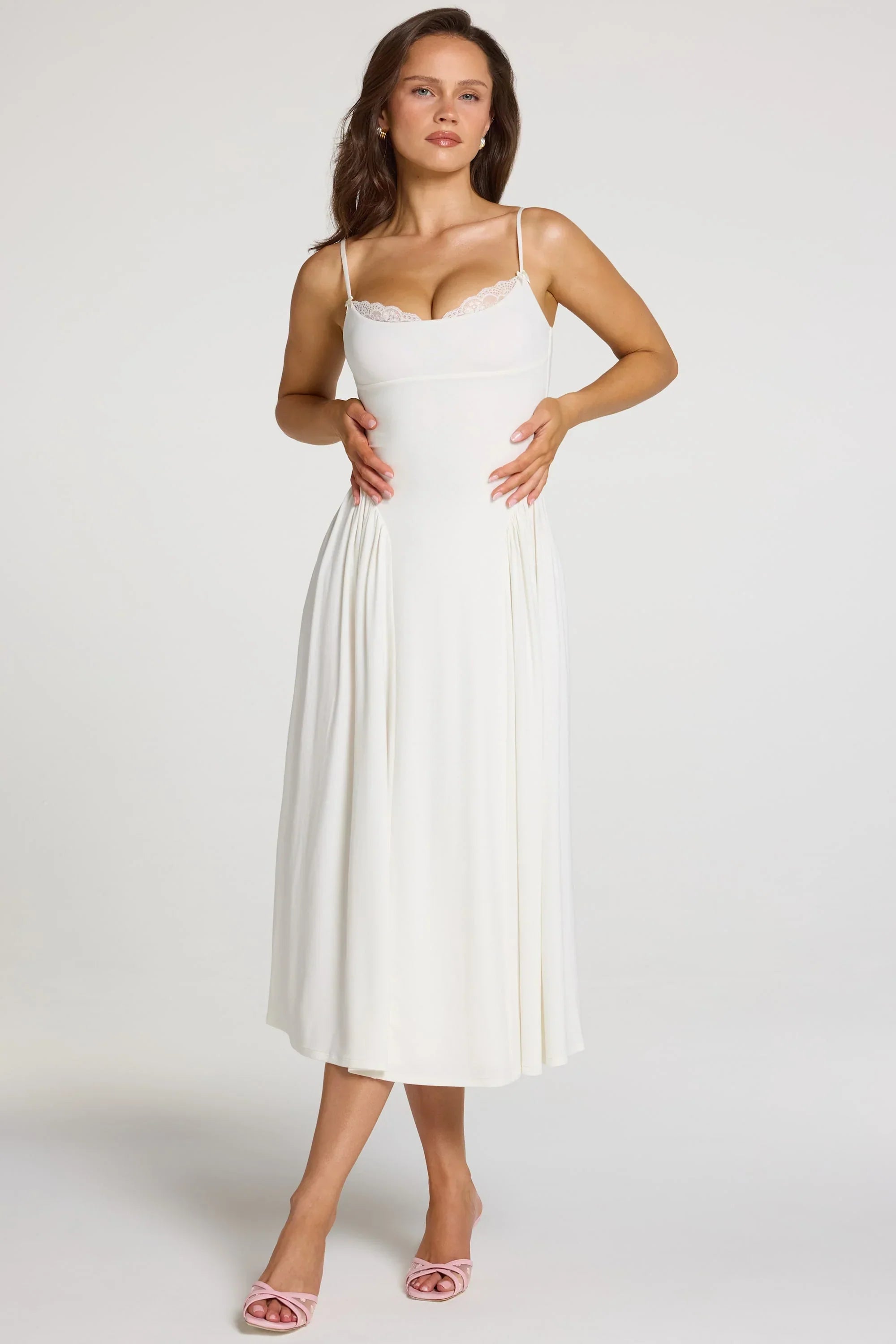 Modal Lace Trim Midaxi Dress in White