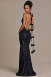 Embellished Plunge Open Back Gown in Black