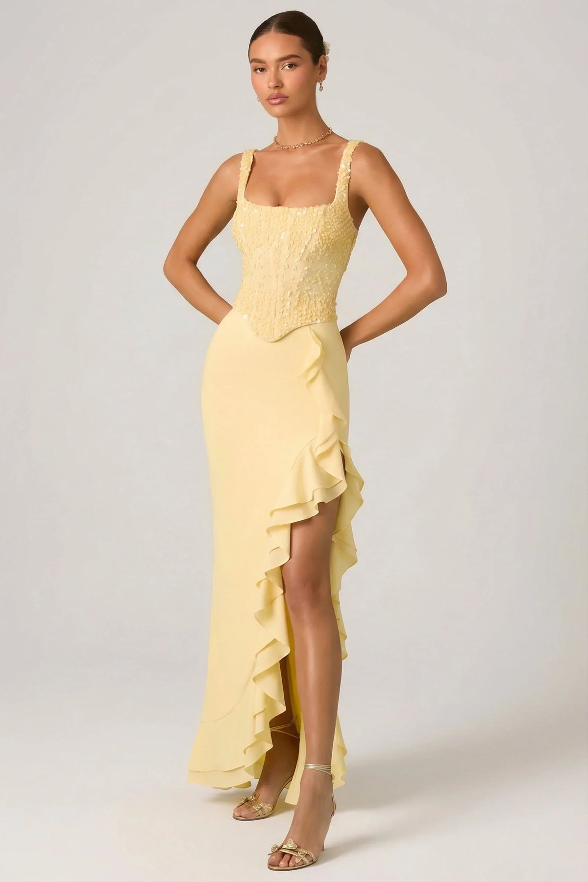 Embellished Ruffle Trim Corset Gown in Yellow
