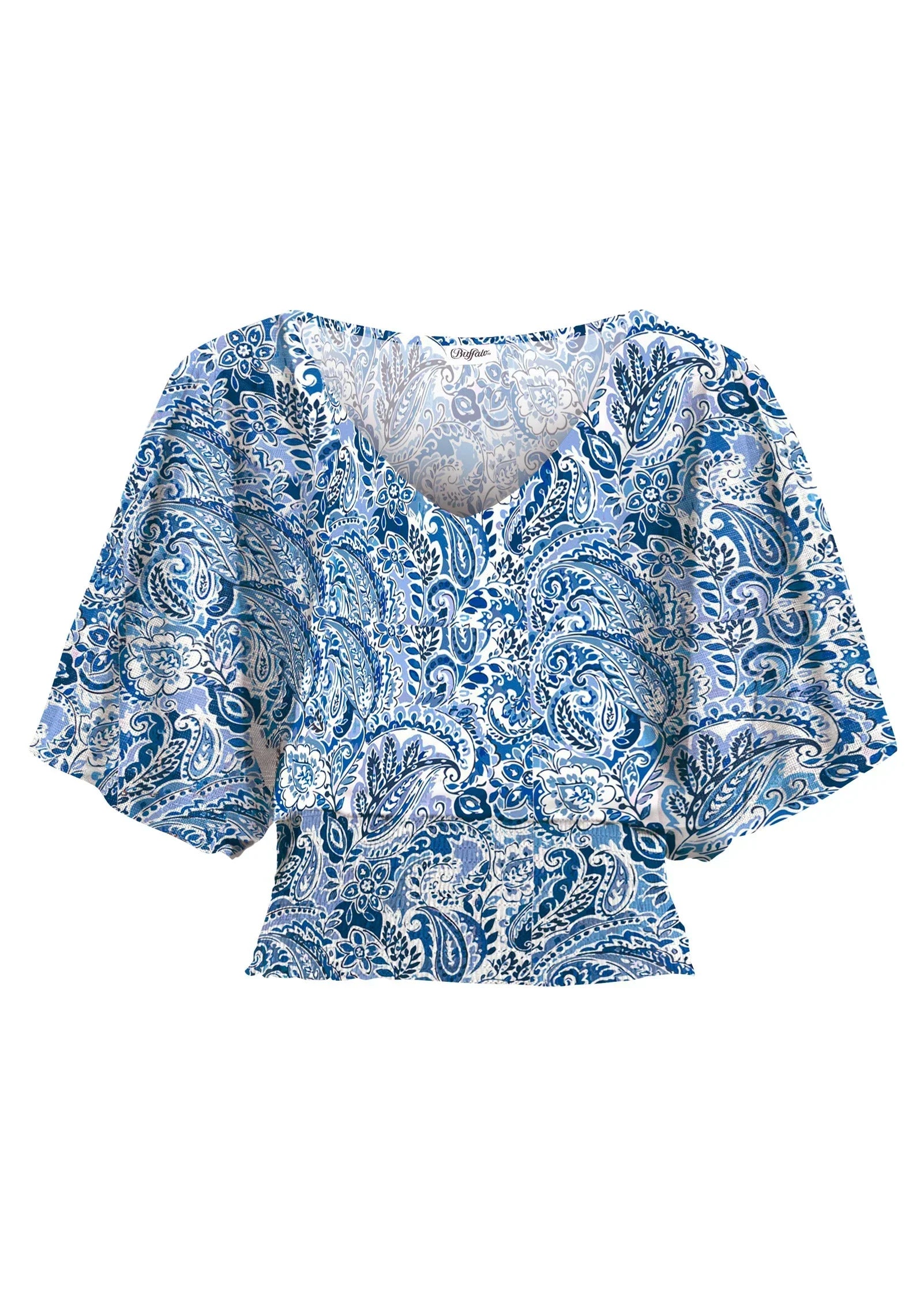 Smocked Waist Blouse Blue White