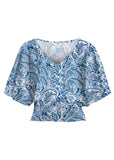 Smocked Waist Blouse Blue White