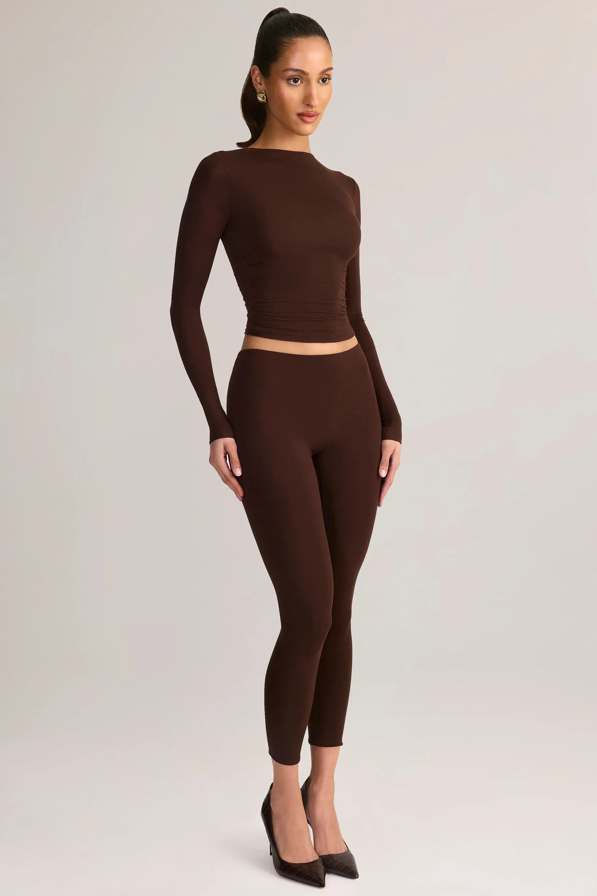 Modal Ruched Long Sleeve Top in Chocolate Brown