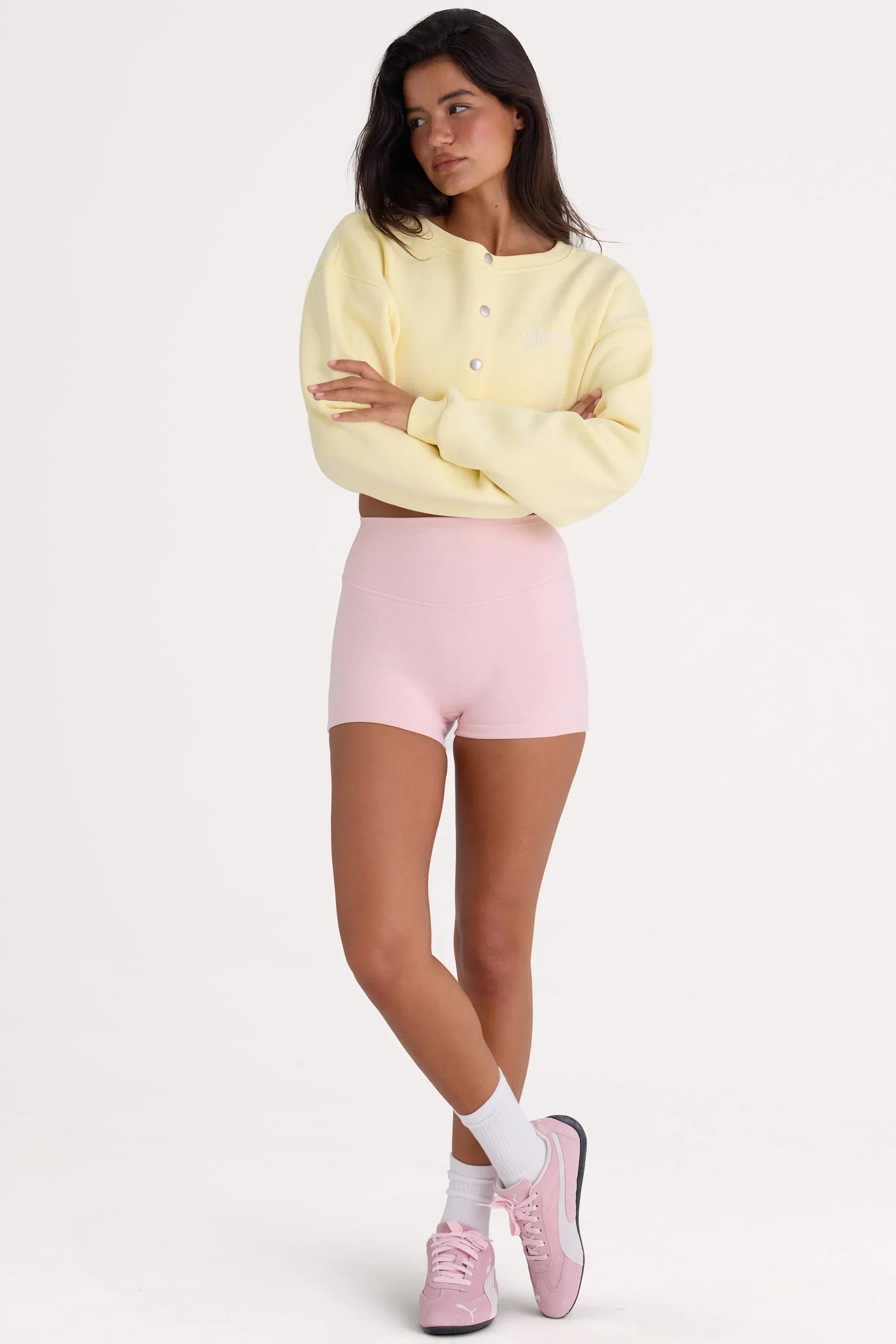 Brushed Jersey Button Up Cropped Cardigan in Lemon