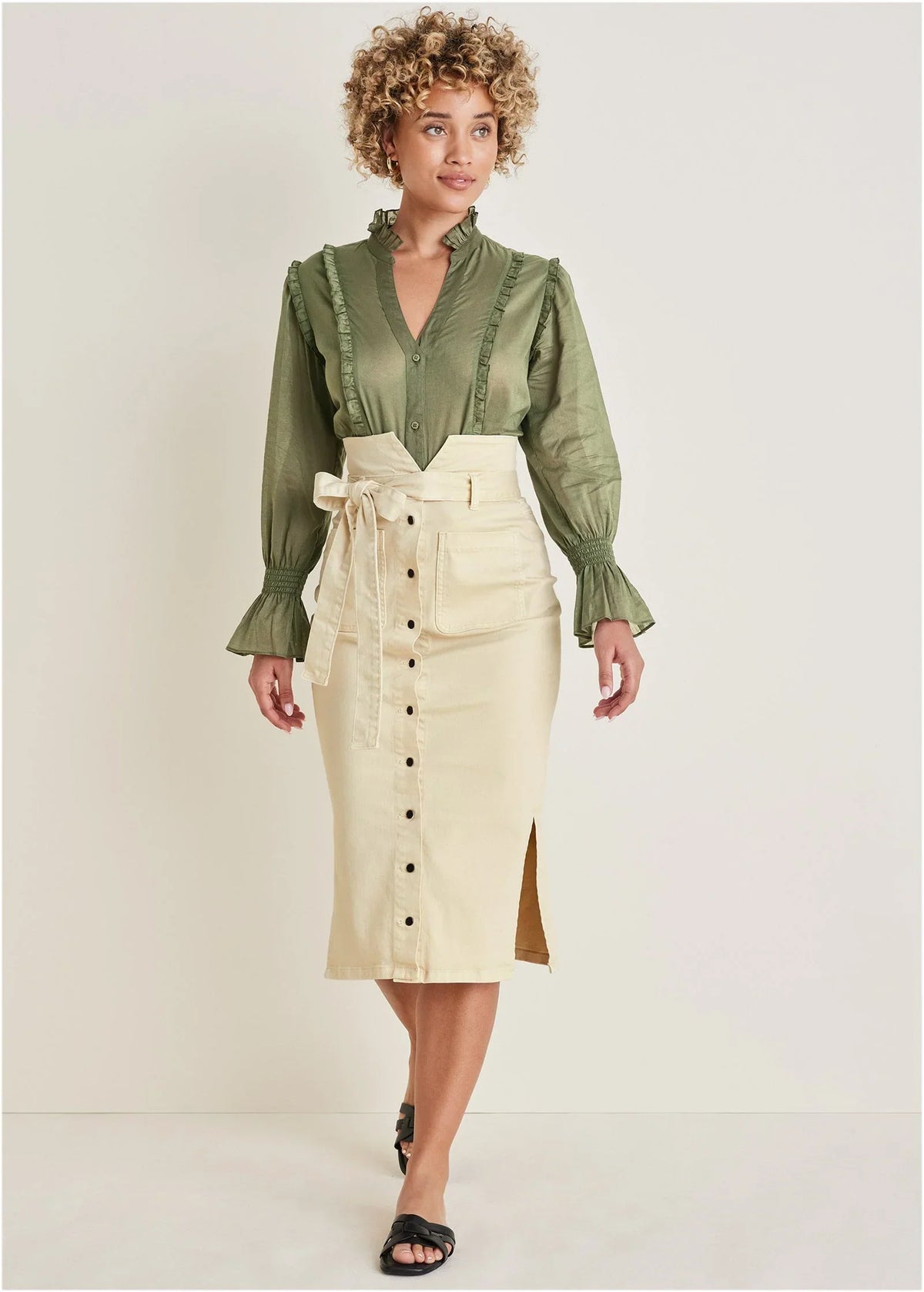 Color Denim Midi Skirt Cream