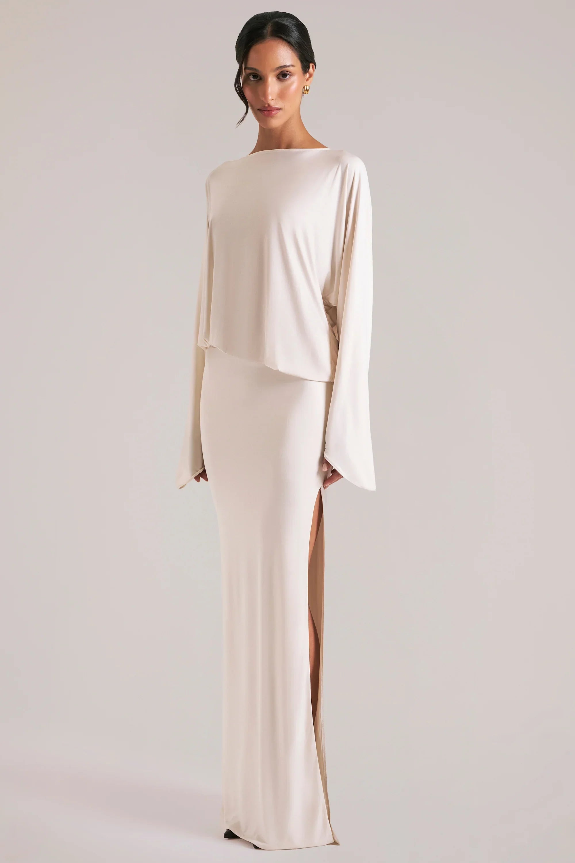 Long Sleeve Draped Maxi Dress in Vanilla
