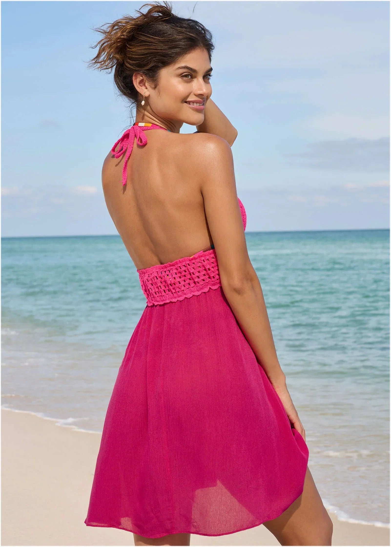 Crochet Top Cover Up Dress Raspberry