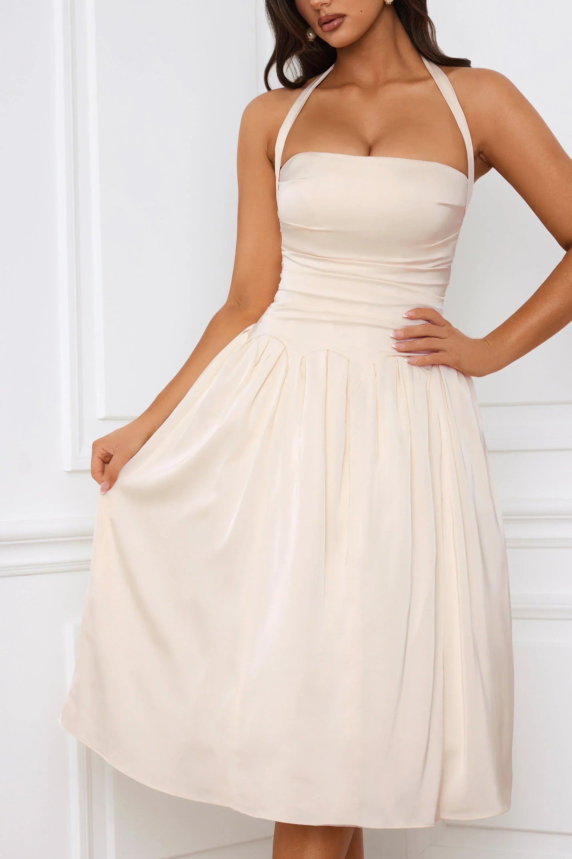 Halterneck Lace Up Ruched Corset Midi Dress in Ivory