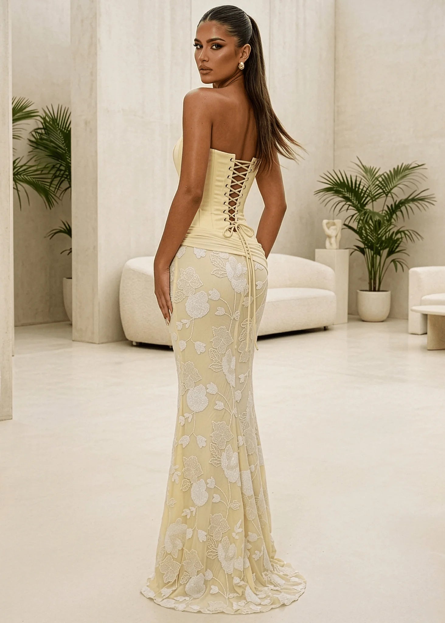 Impossible Desire Corset Embellished Maxi Dress Yellow