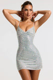 Embellished V neck A Line Mini Dress in Silver