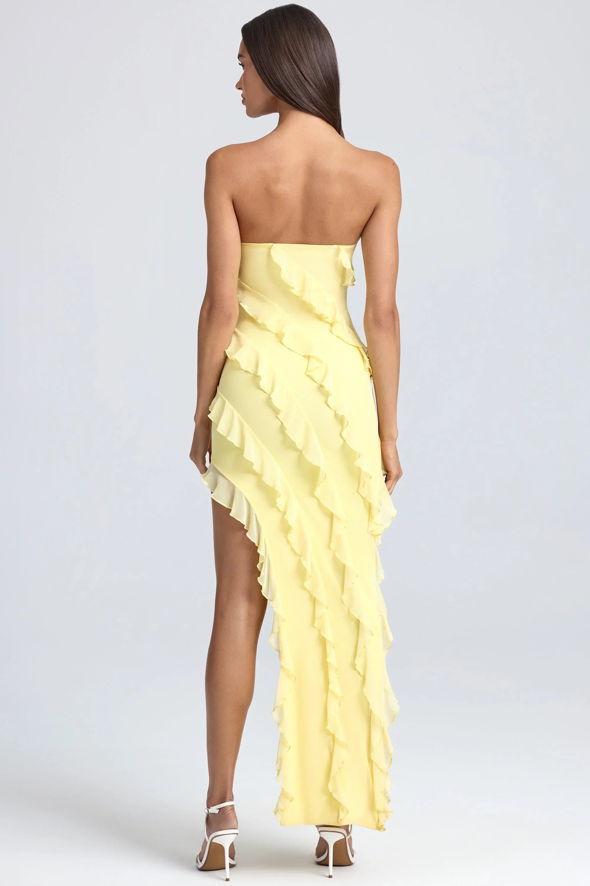 Bandeau Ruffle Trim Maxi Dress in Lemon Sherbet
