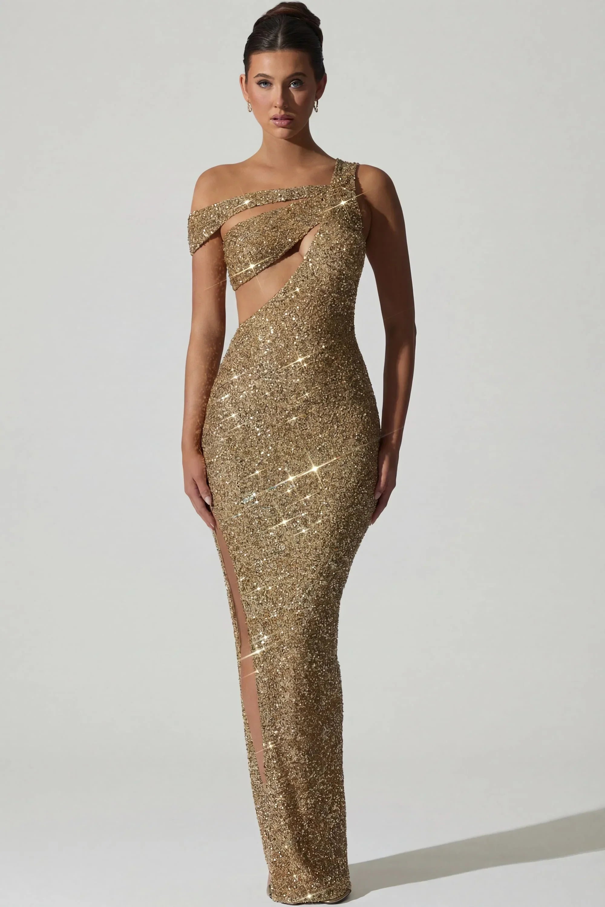 Embellished Asymmetric Cut Out Gown in Gold