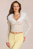Lace Faux Fur Trim Cardigan in Ivory
