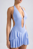 Ruffled Cut Out Halterneck Mini Dress in Periwinkle Blue