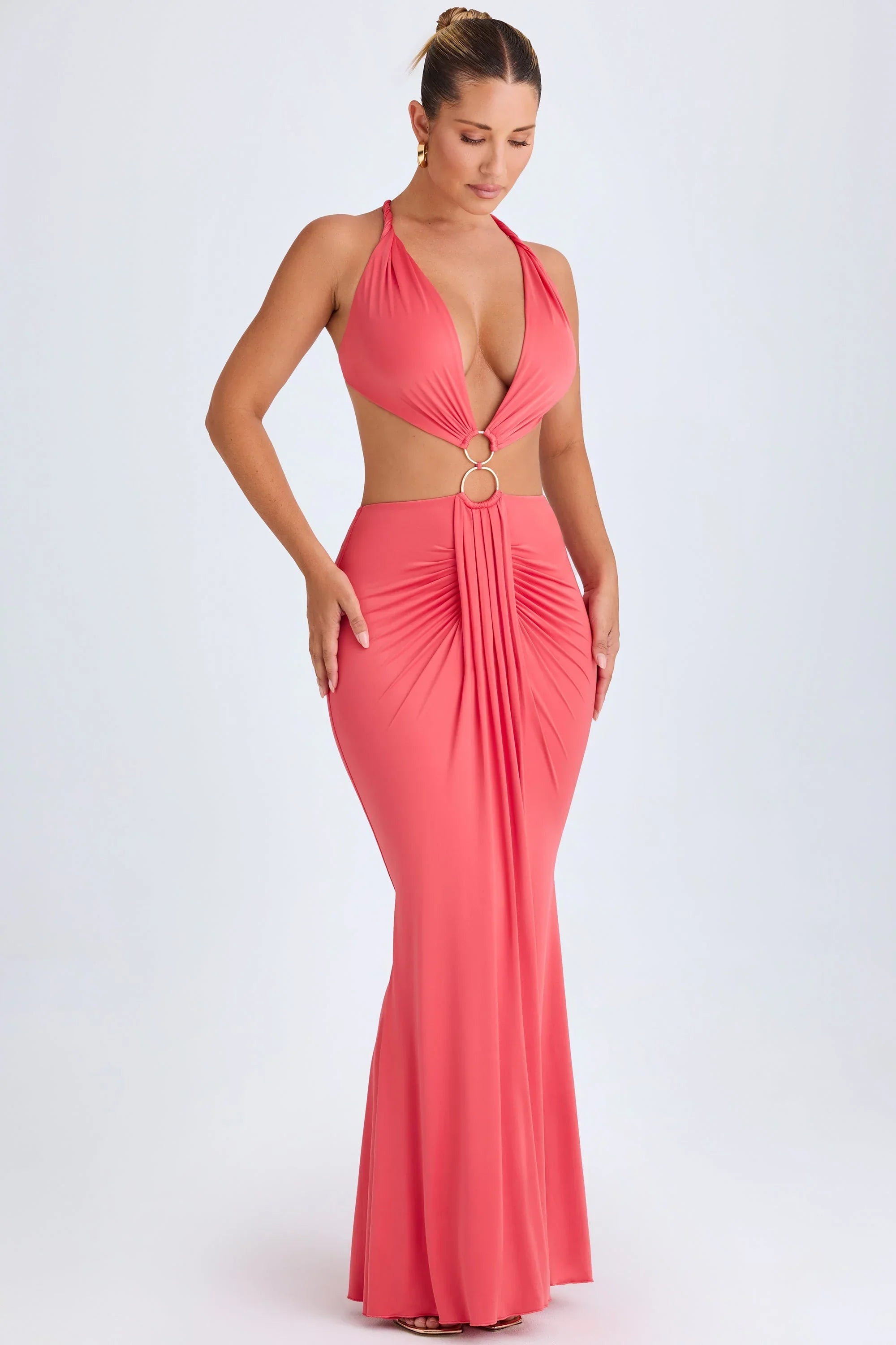 Hardware Detail Cut Out Halterneck Maxi Dress in Coral