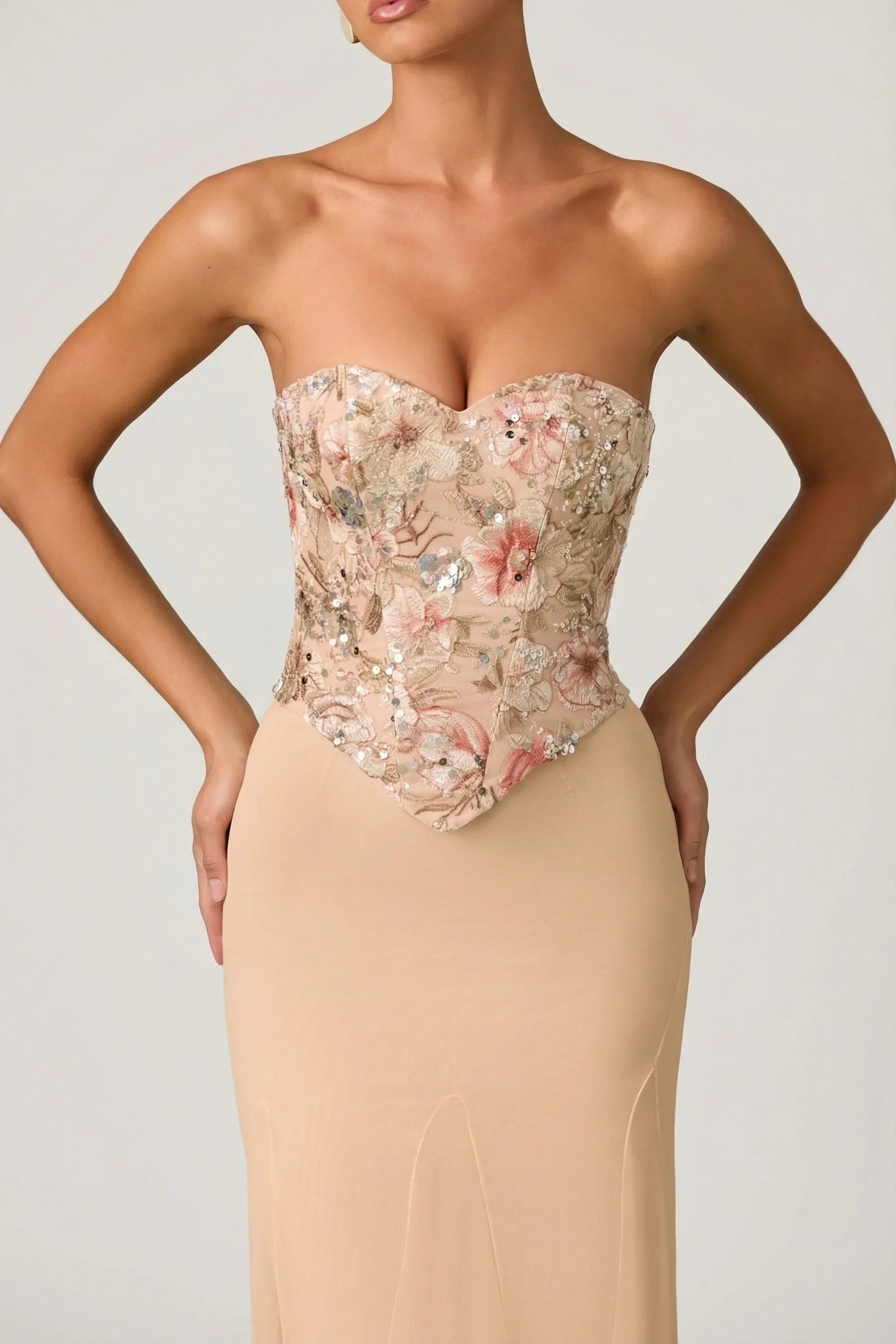 Embellished Corset Fishtail Gown in Floral Beige