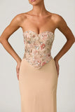 Embellished Corset Fishtail Gown in Floral Beige